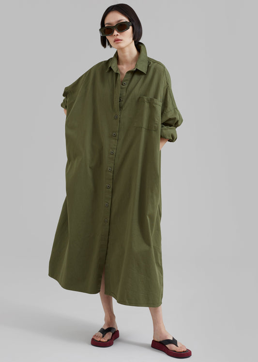 Kason Oversized Shirt Dress - Dark Olive