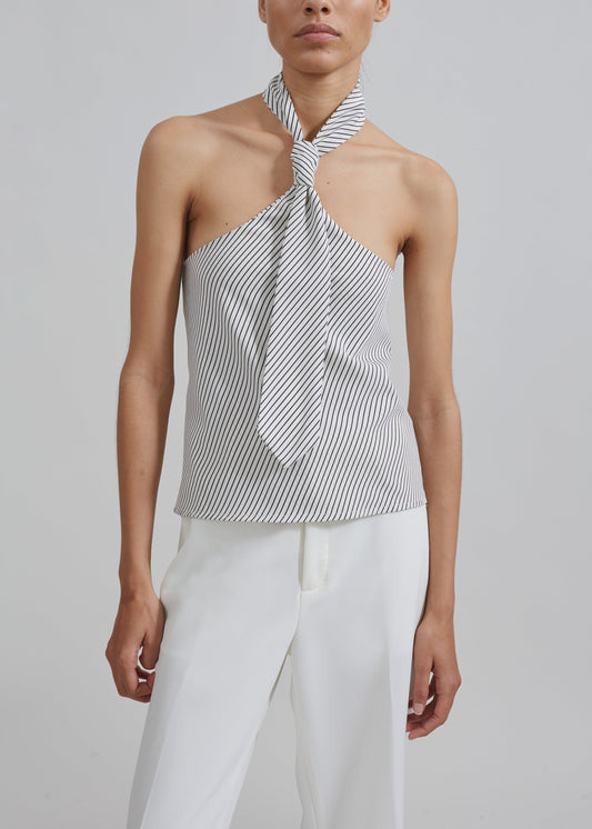 Sophie Tie Halter Top - White/Navy Stripe
