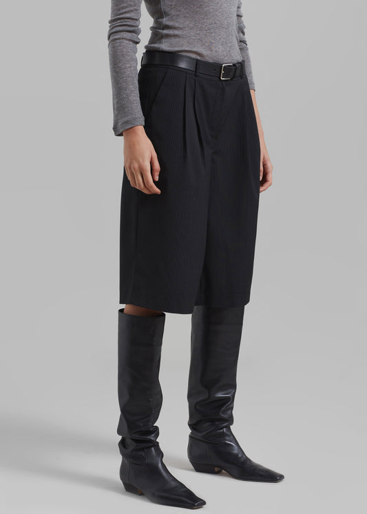 Wilma Pleated Bermuda Shorts - Black Pinstripe